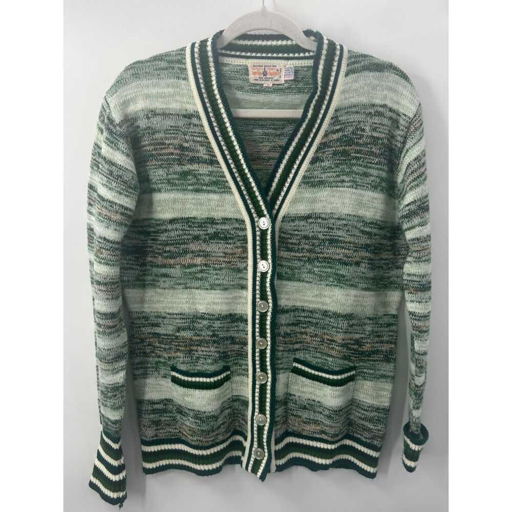 Vintage 70s Boho Space Dye Stripe Green Pocket Cardigan Sweater Size 16 L